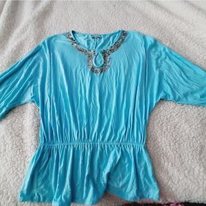 Boston proper blue shell decor soft knit medium keyhole blouse